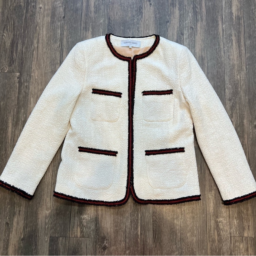 Gerard Darel Ivory Woven Tweed Blazer Long Sleeves Mock Neck Mid Length Summer M - Picture 8 of 15